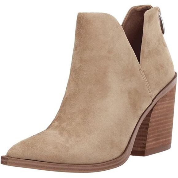 Womens Pointed Toe Stacked Mid Heel Ankle Boots V Cut Back Zipper Faux - Picture 1 of 7